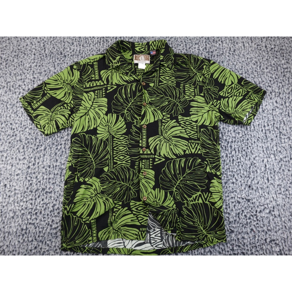 Kalaheo Hawaiian Shirt‎ Mens Medium Green Black Monstera Tribal Made in USA